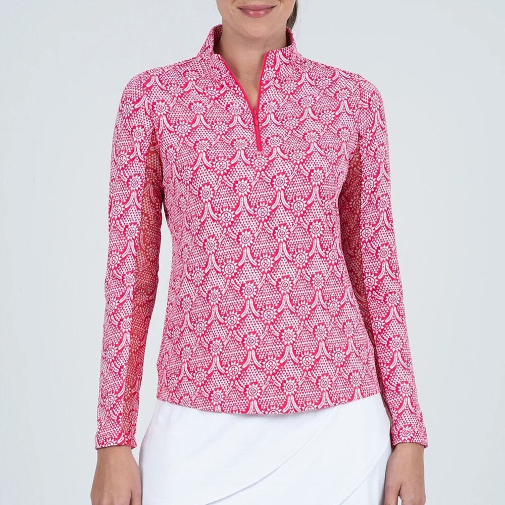 IBKUL Leslie Print Long Sleeve Mock Neck Top Women's XS Watermelon White 1/4 Zip